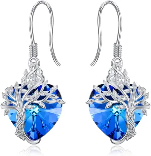 14K White Gold -Crystal Heart Tree of Life Drop Earrings