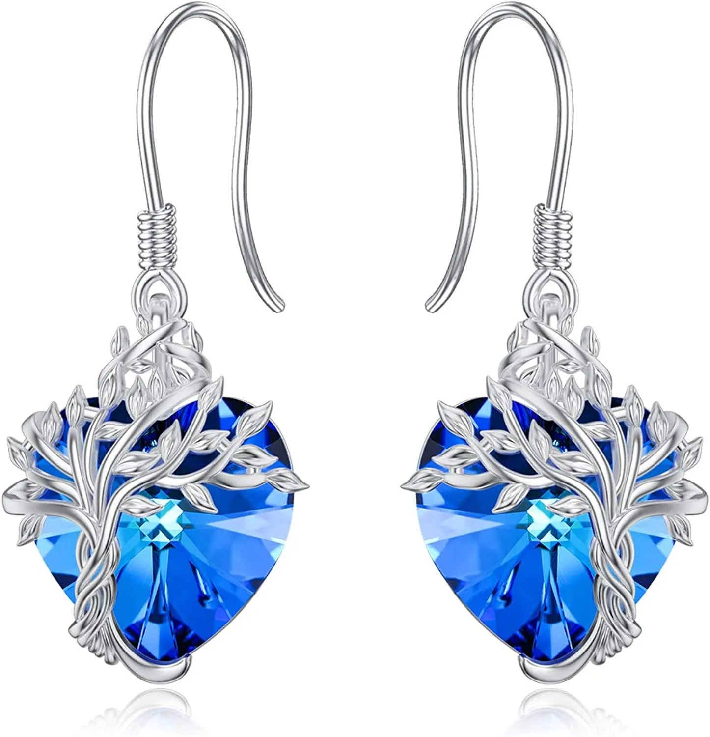 14K White Gold -Crystal Heart Tree of Life Drop Earrings