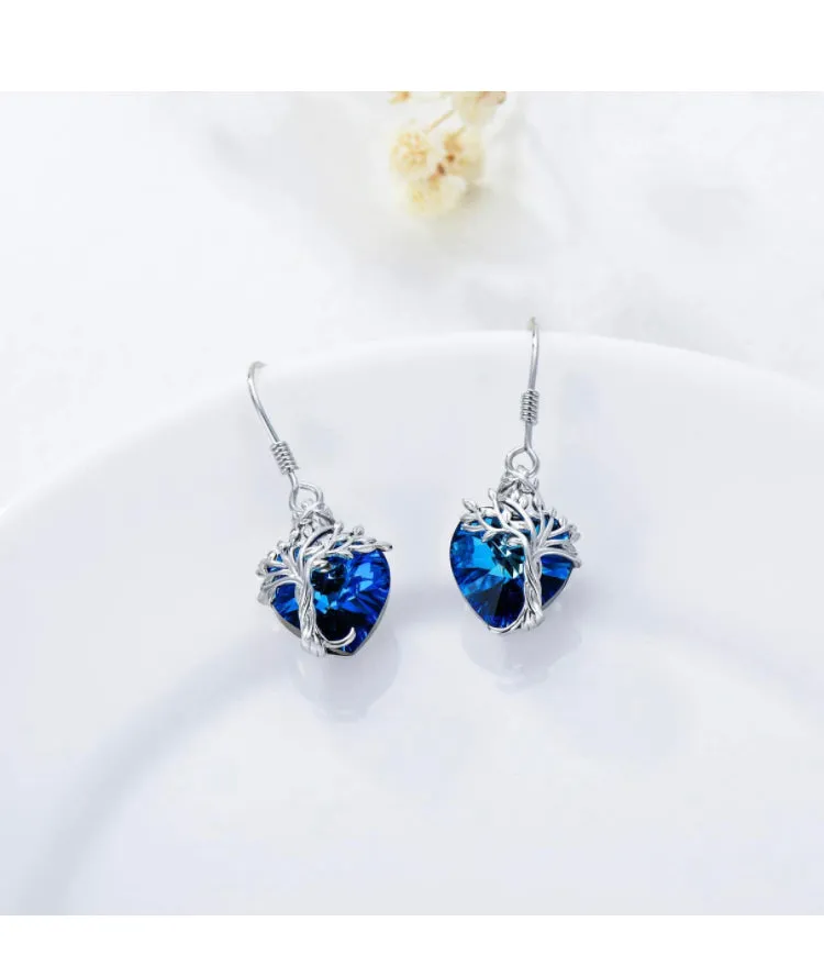 14K White Gold -Crystal Heart Tree of Life Drop Earrings