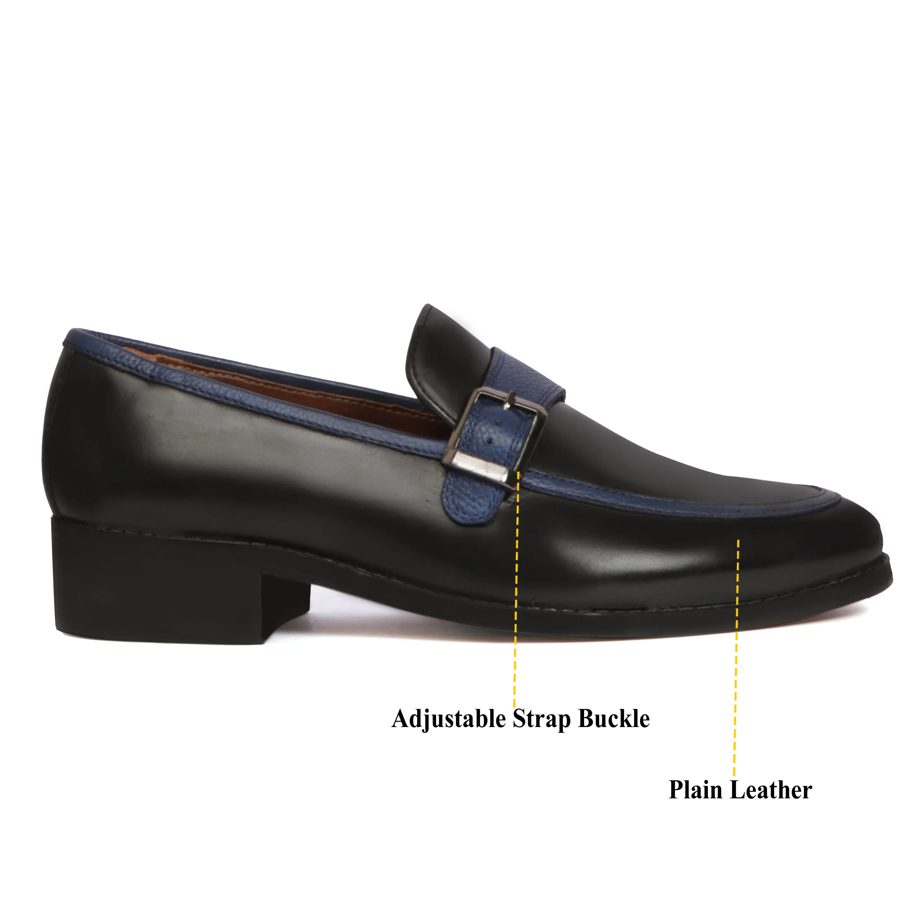 Black Leather Contrasting Blue Apron Toe Single Monk Buckle Strap Slip-On Shoe By Brune & Bareskin
