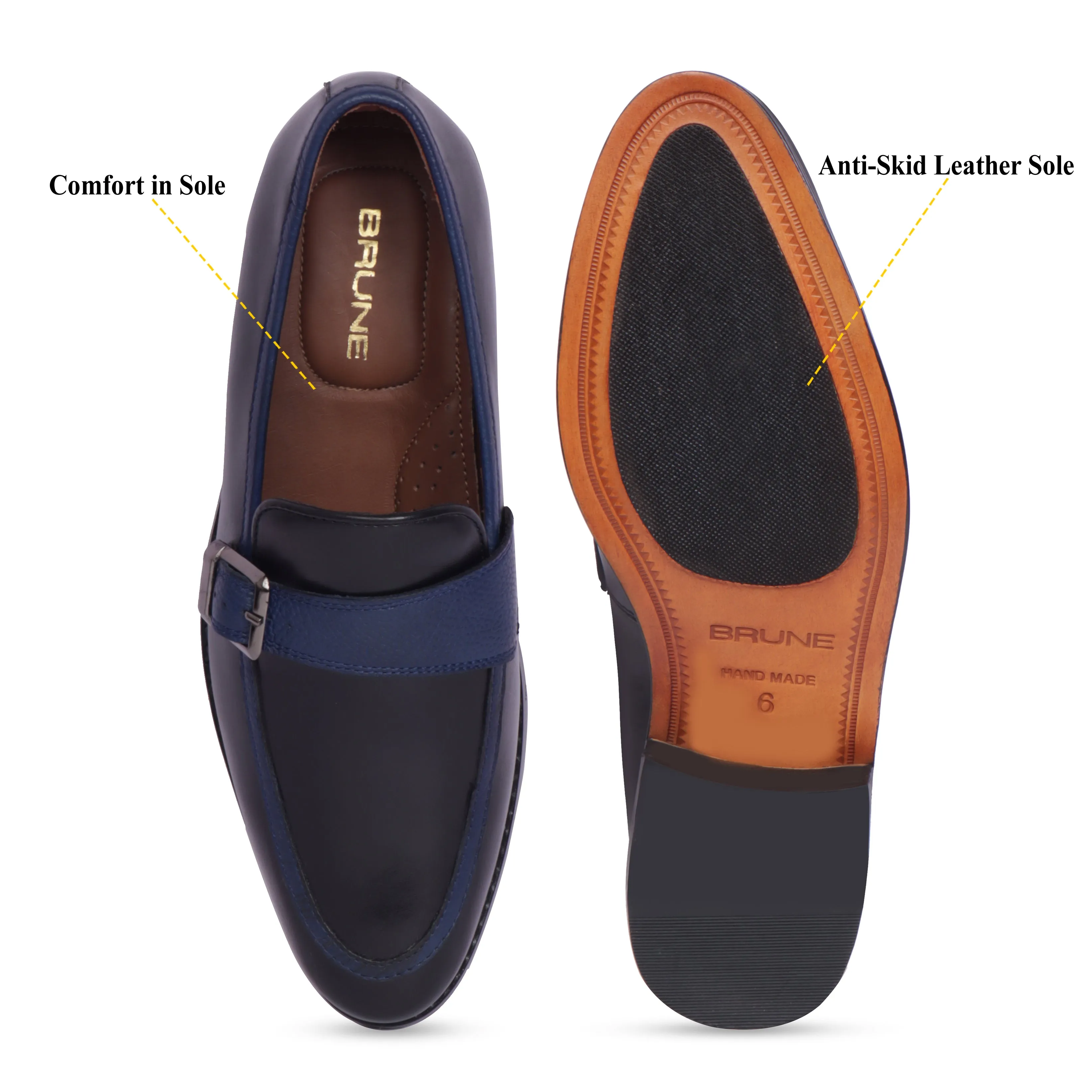 Black Leather Contrasting Blue Apron Toe Single Monk Buckle Strap Slip-On Shoe By Brune & Bareskin