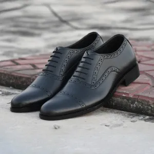 Black Semi Brogue Oxfords - Premium Leather Shoes - WM1001
