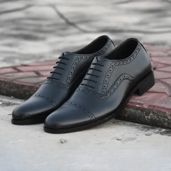 Black Semi Brogue Oxfords - Premium Leather Shoes - WM1001