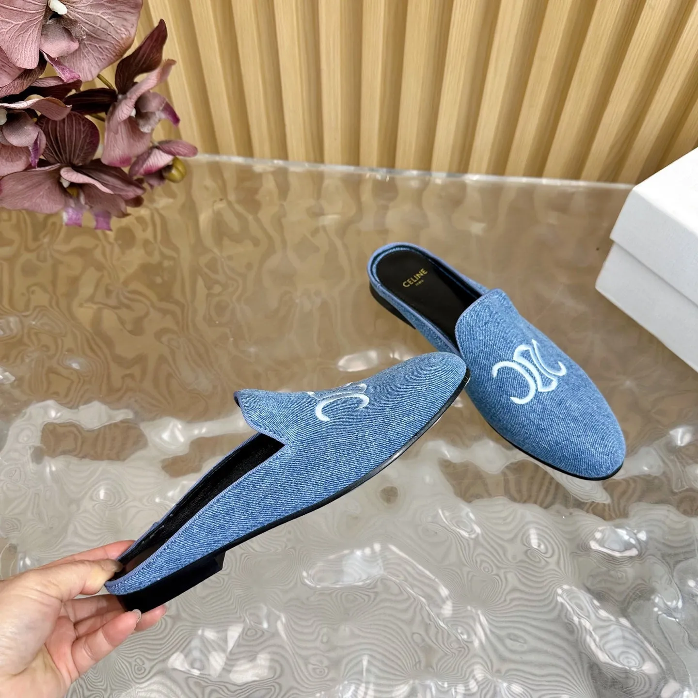 CELINE 25 Slippers Blue Denim 285915