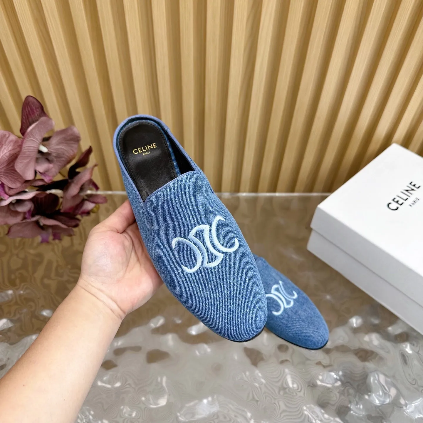 CELINE 25 Slippers Blue Denim 285915