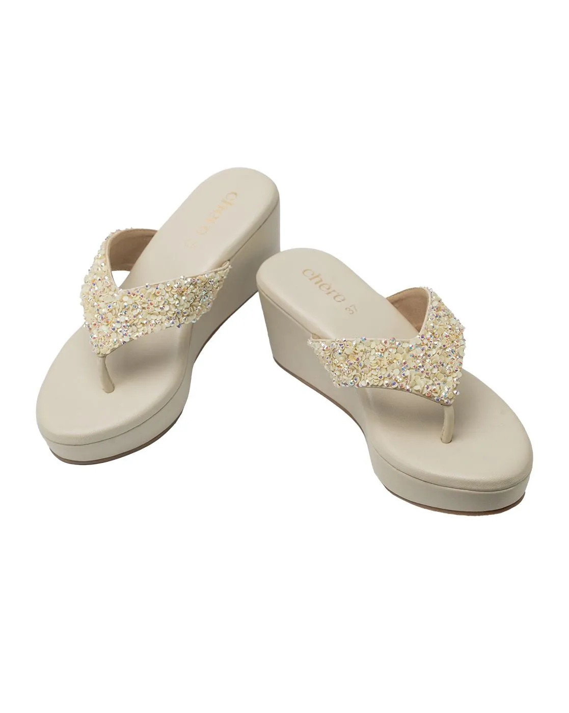 Chere Luxe Pearl Embellished Wedge Flip-Flops – Ivory