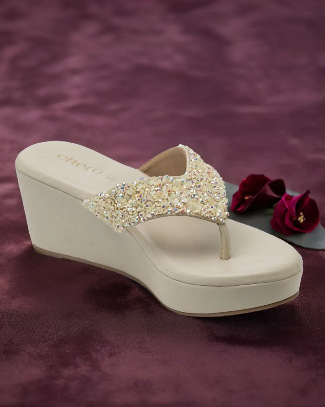 Chere Luxe Pearl Embellished Wedge Flip-Flops – Ivory