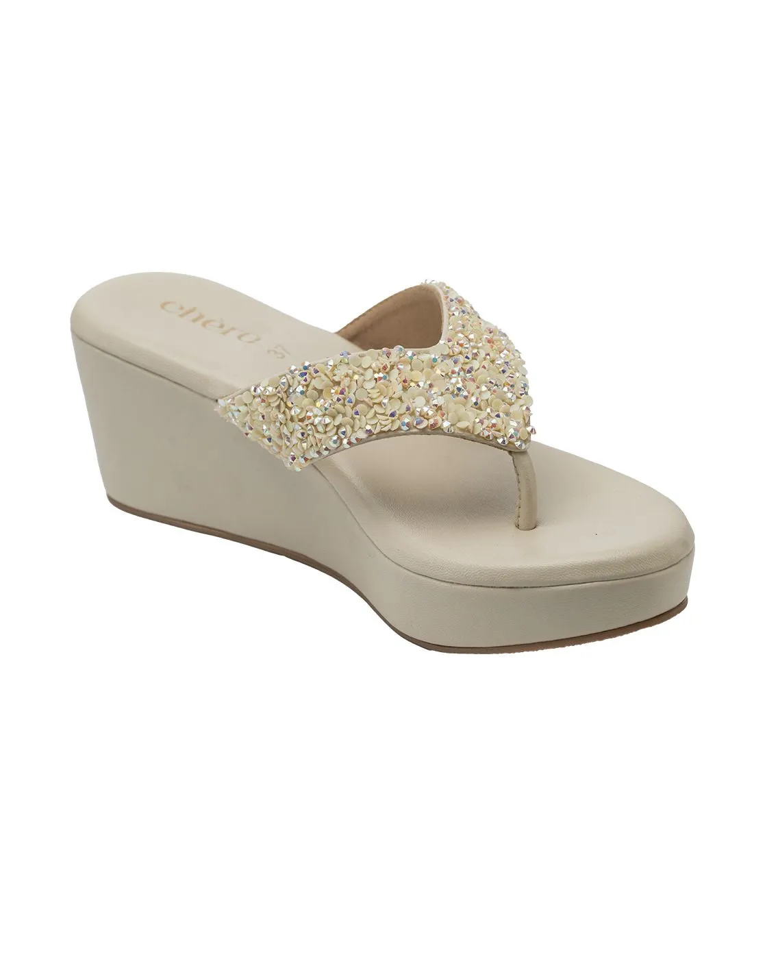 Chere Luxe Pearl Embellished Wedge Flip-Flops – Ivory