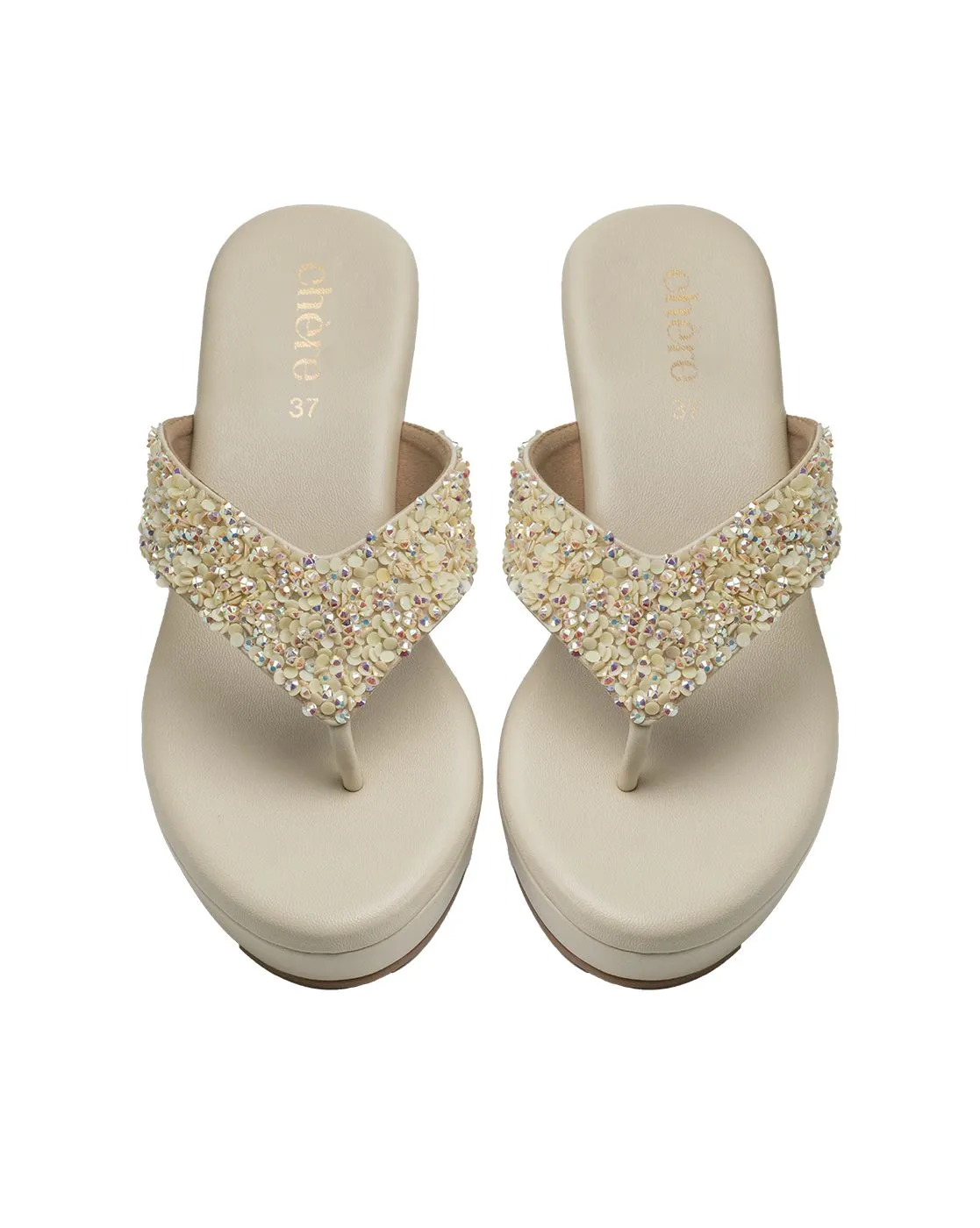 Chere Luxe Pearl Embellished Wedge Flip-Flops – Ivory