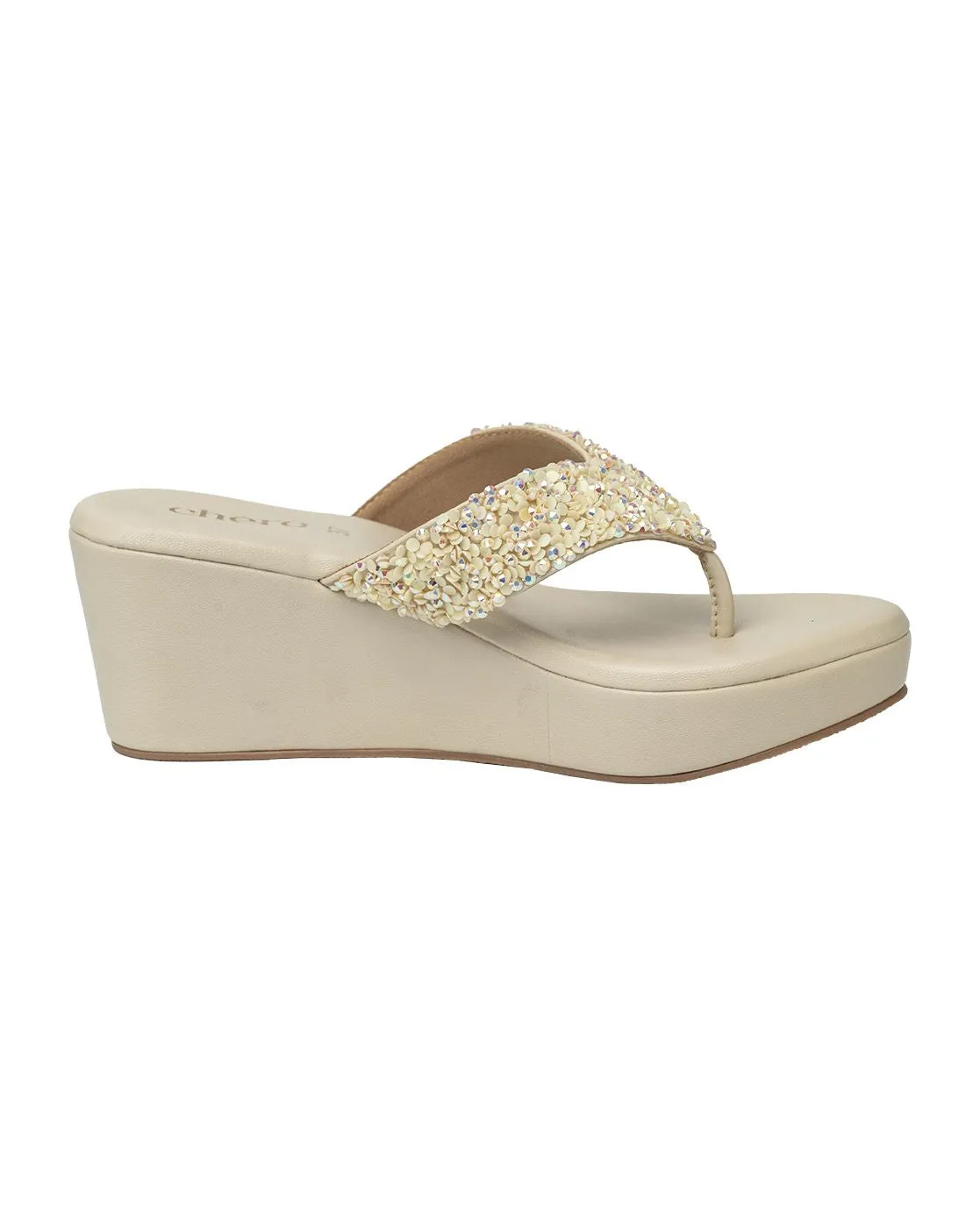 Chere Luxe Pearl Embellished Wedge Flip-Flops – Ivory