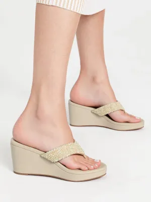 Chere Luxe Pearl Embellished Wedge Flip-Flops – Ivory