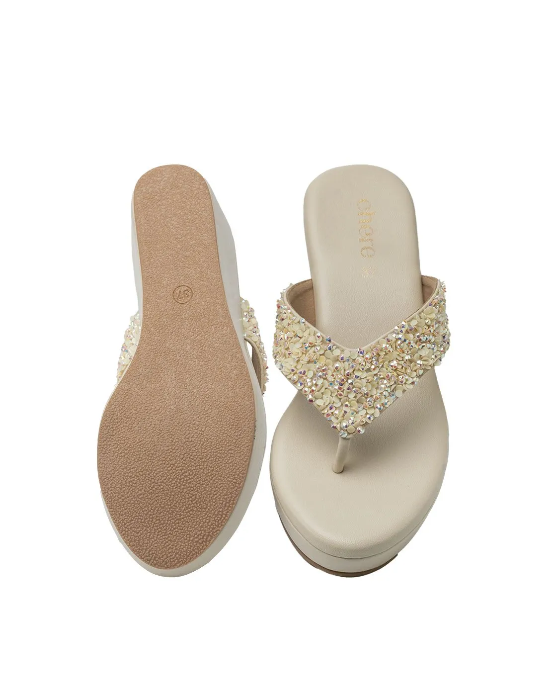Chere Luxe Pearl Embellished Wedge Flip-Flops – Ivory