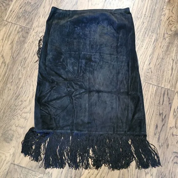 Chicos Black Suede Midi Skirt Size 2 (12) Fringe Western Rodeo Bohemian