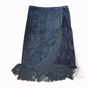 Chicos Black Suede Midi Skirt Size 2 (12) Fringe Western Rodeo Bohemian