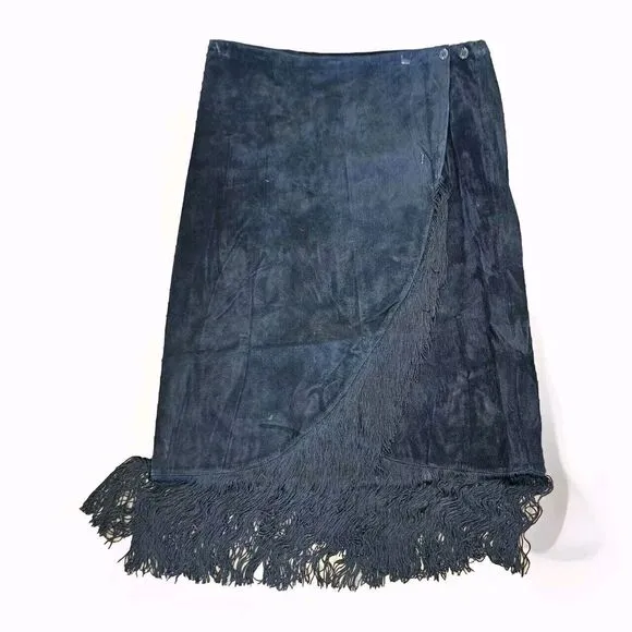 Chicos Black Suede Midi Skirt Size 2 (12) Fringe Western Rodeo Bohemian