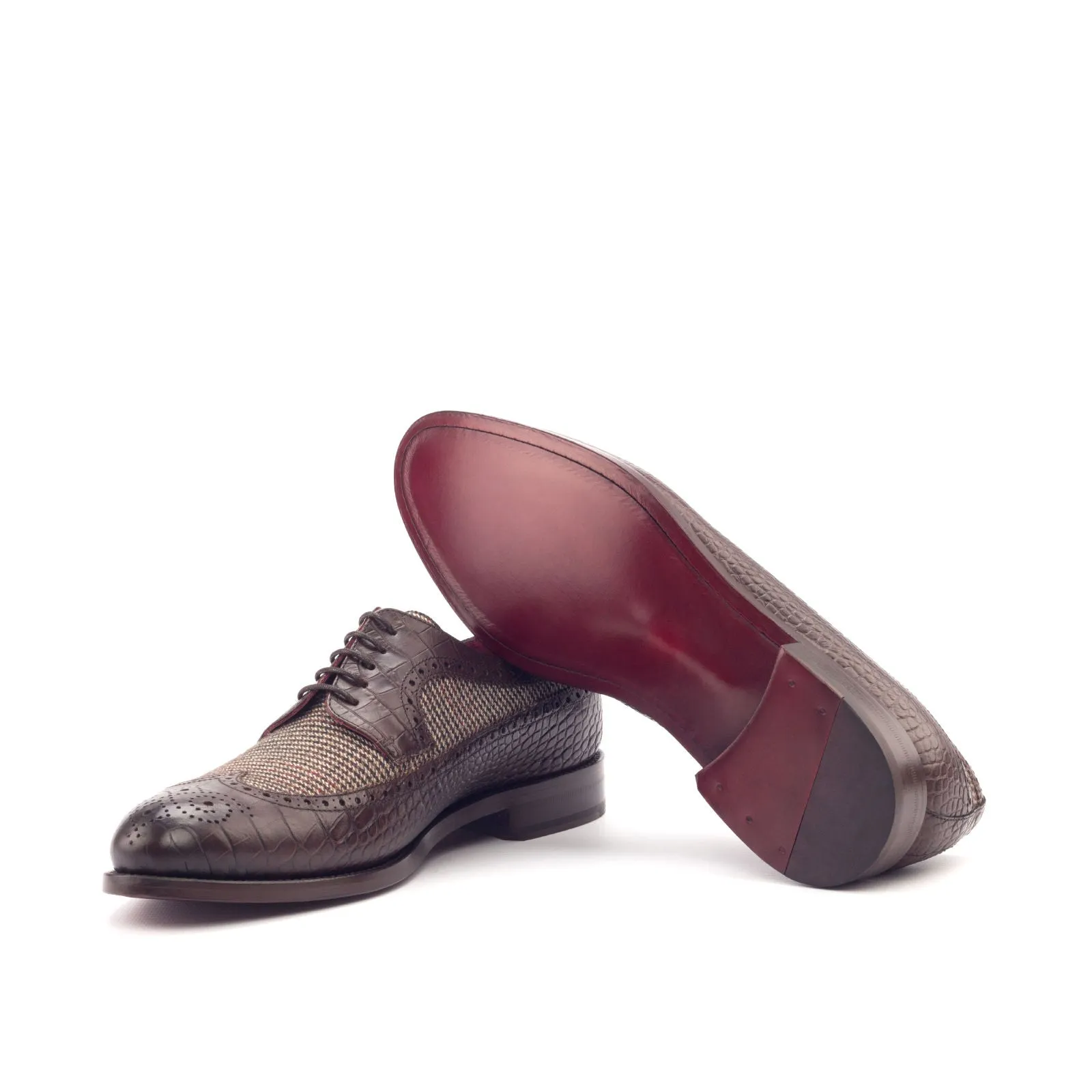 DapperFam Zephyr in Tweed / Dark Brown Men's Sartorial & Italian Croco Embossed Leather Longwing Blucher