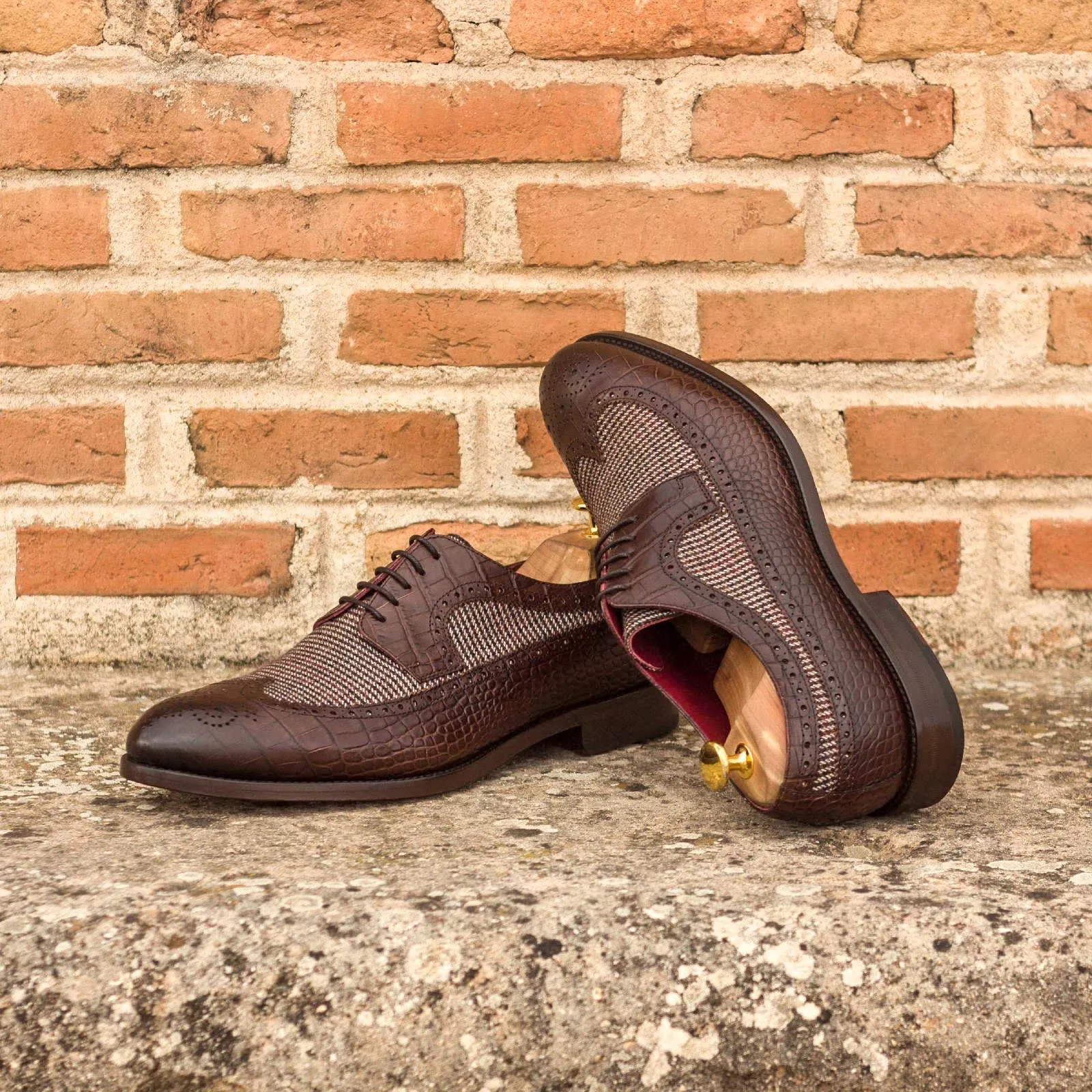 DapperFam Zephyr in Tweed / Dark Brown Men's Sartorial & Italian Croco Embossed Leather Longwing Blucher