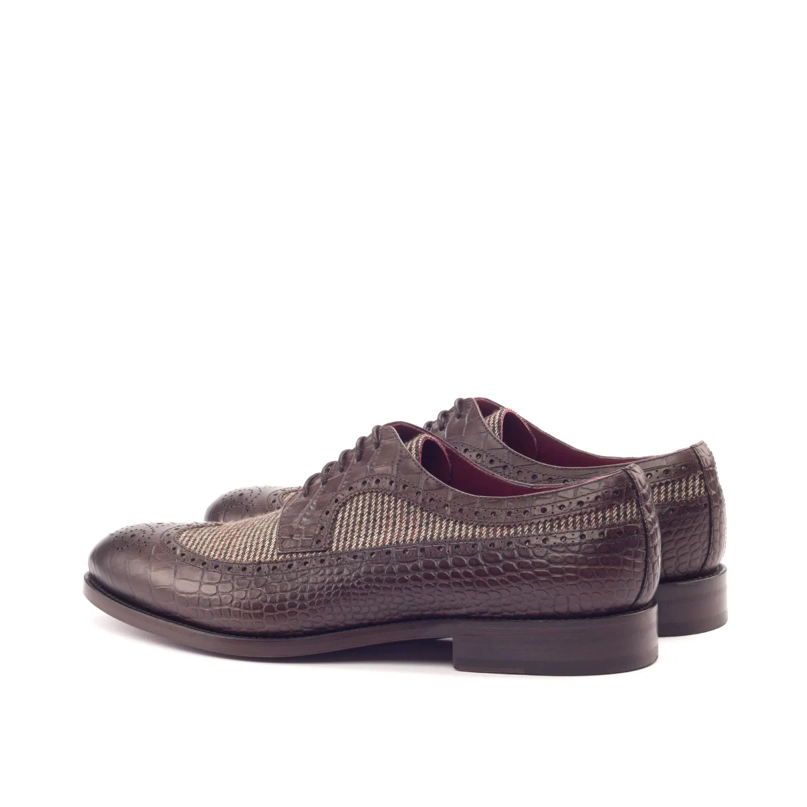DapperFam Zephyr in Tweed / Dark Brown Men's Sartorial & Italian Croco Embossed Leather Longwing Blucher