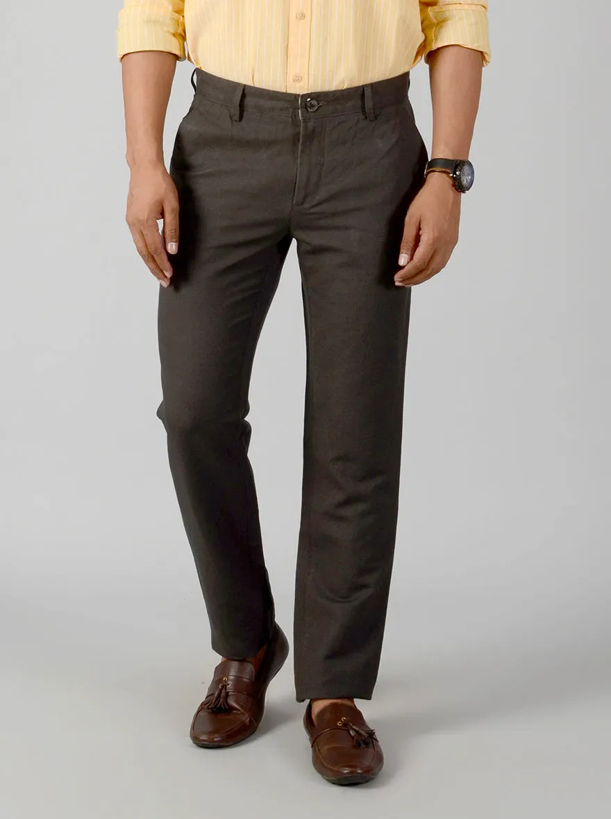 Dark Olive Green Self Textured Slim Fit Casual Trouser | JadeBlue