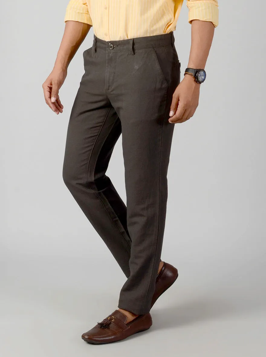 Dark Olive Green Self Textured Slim Fit Casual Trouser | JadeBlue