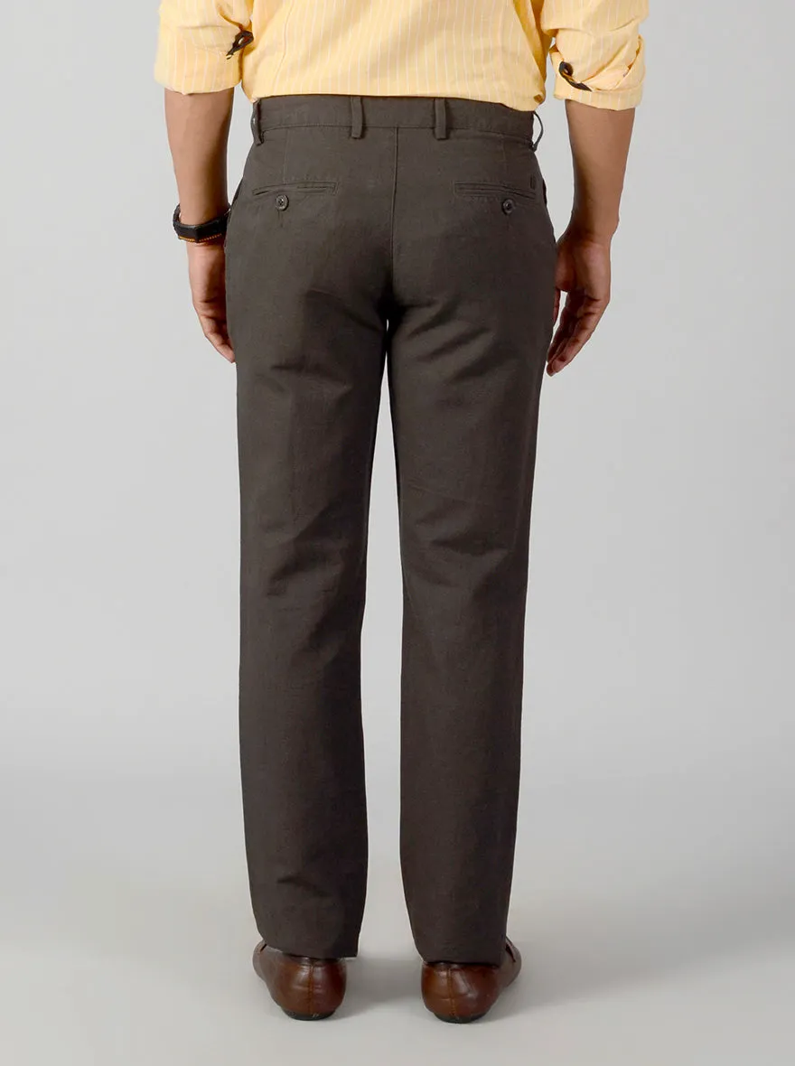Dark Olive Green Self Textured Slim Fit Casual Trouser | JadeBlue