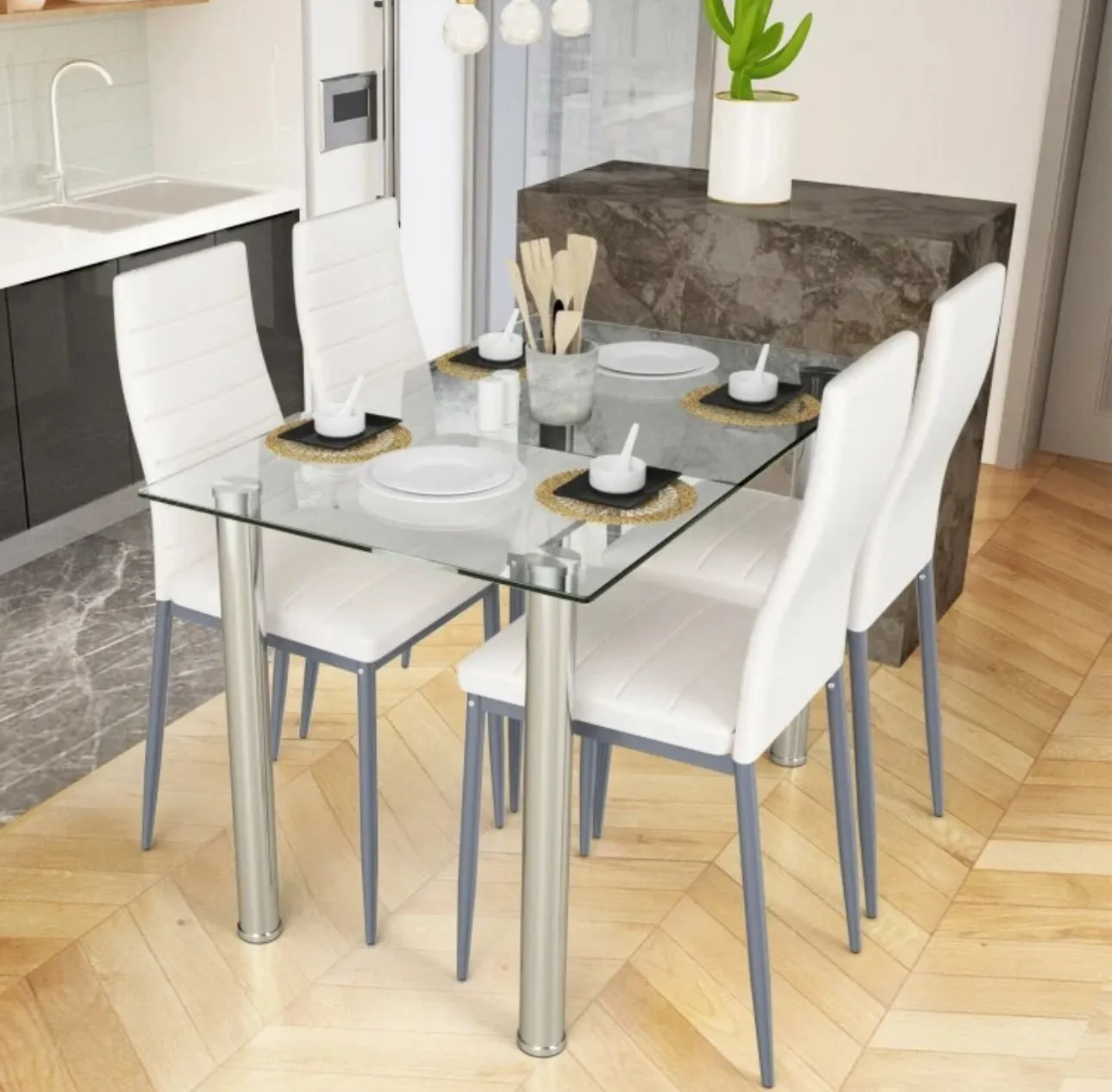 Elegant Durable 5-Piece Dining Set With 4 PVC Heavy Duty Leather Chairs | Soft Cushions | Easy Assembly