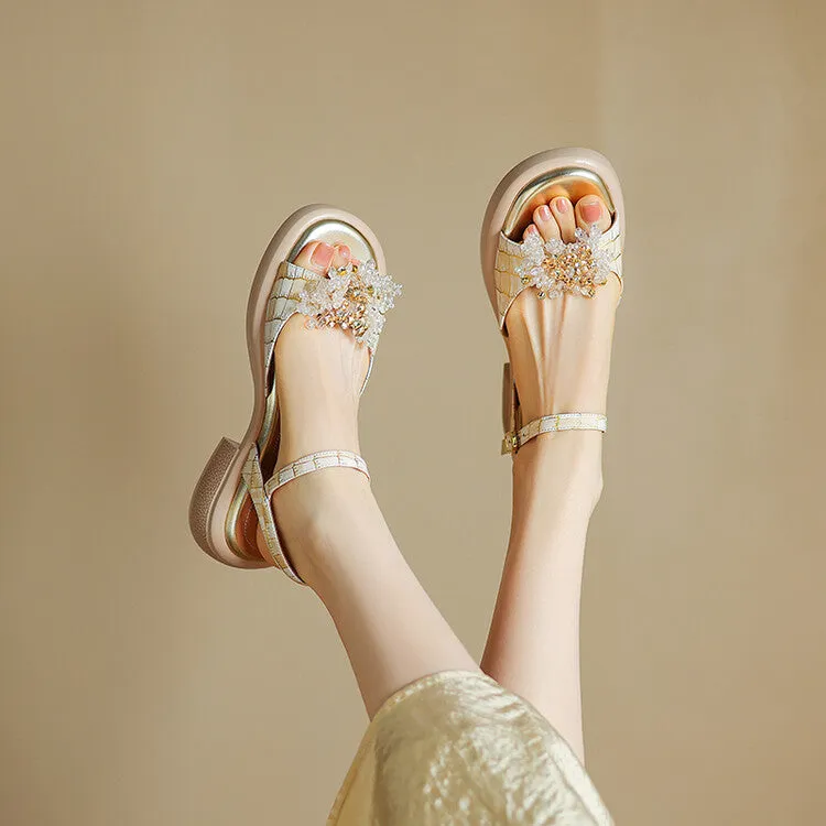 Genuine Leather Chunky Heel Sandals - Mixed Color Gladiator Style