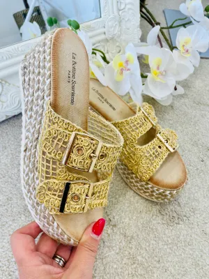 GOLD CROCHET WEDGE FLATFORM SANDALS ( 9501 )