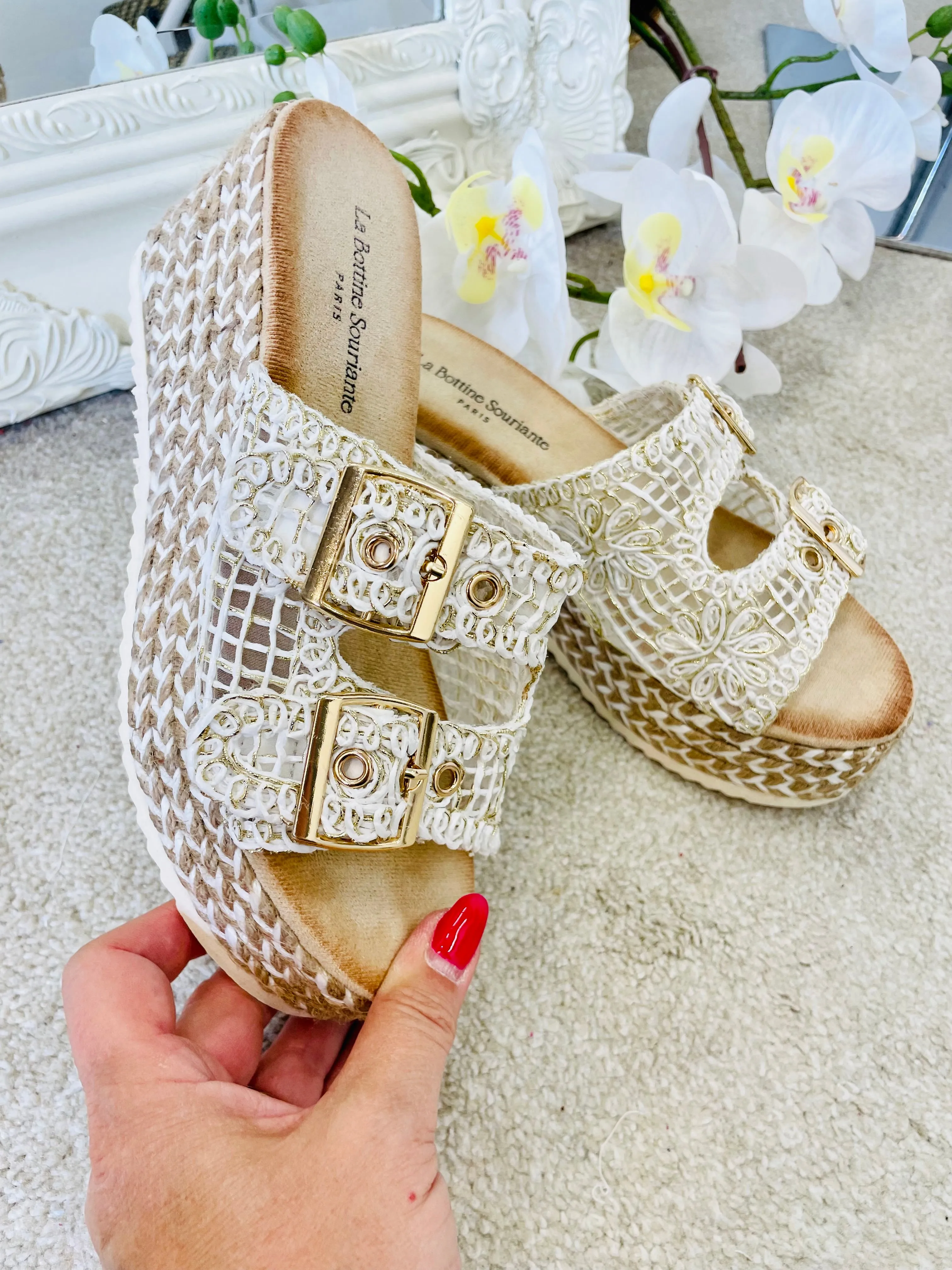 GOLD CROCHET WEDGE FLATFORM SANDALS ( 9501 )