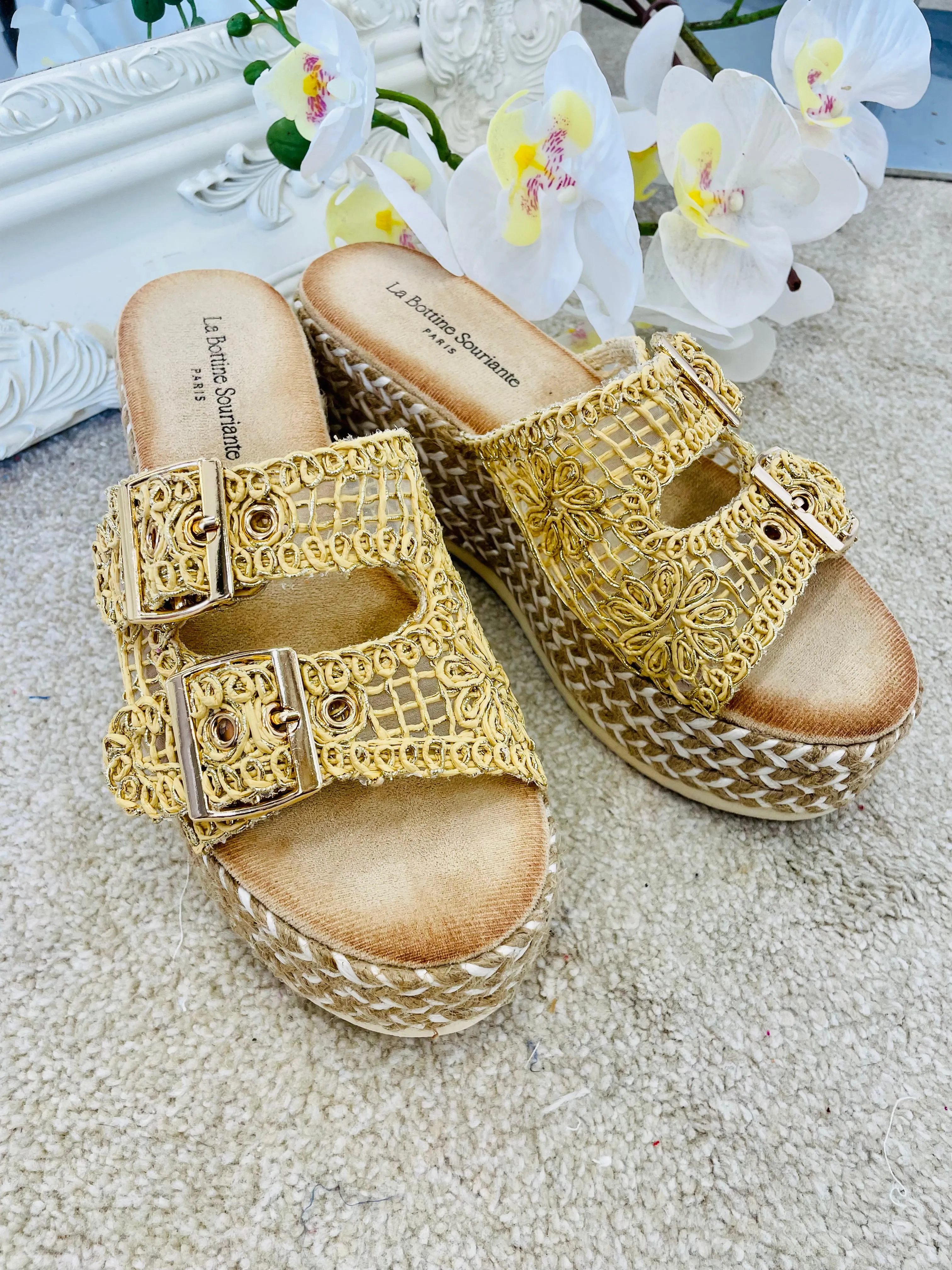 GOLD CROCHET WEDGE FLATFORM SANDALS ( 9501 )