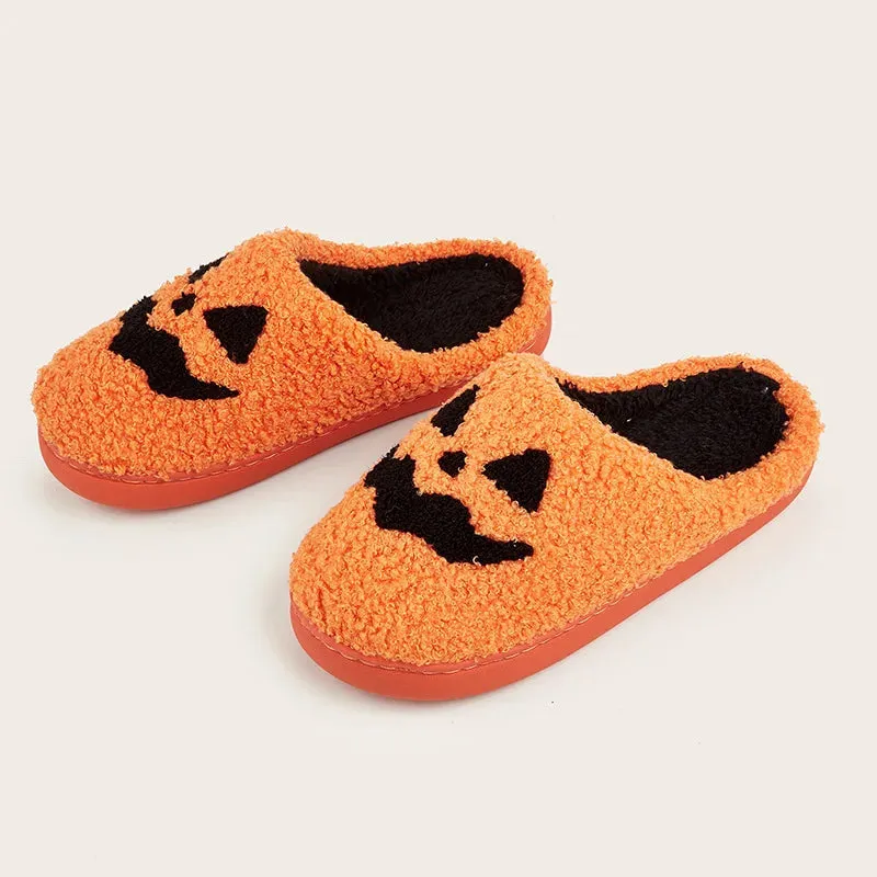 Halloween Pattern Fuzzy Slippers, Cozy Closed Toe Soft Sole Flat Shoes, Winter Warm Plush Home Slippers