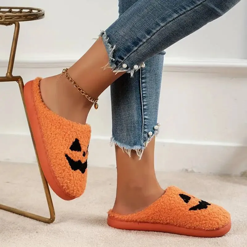 Halloween Pattern Fuzzy Slippers, Cozy Closed Toe Soft Sole Flat Shoes, Winter Warm Plush Home Slippers