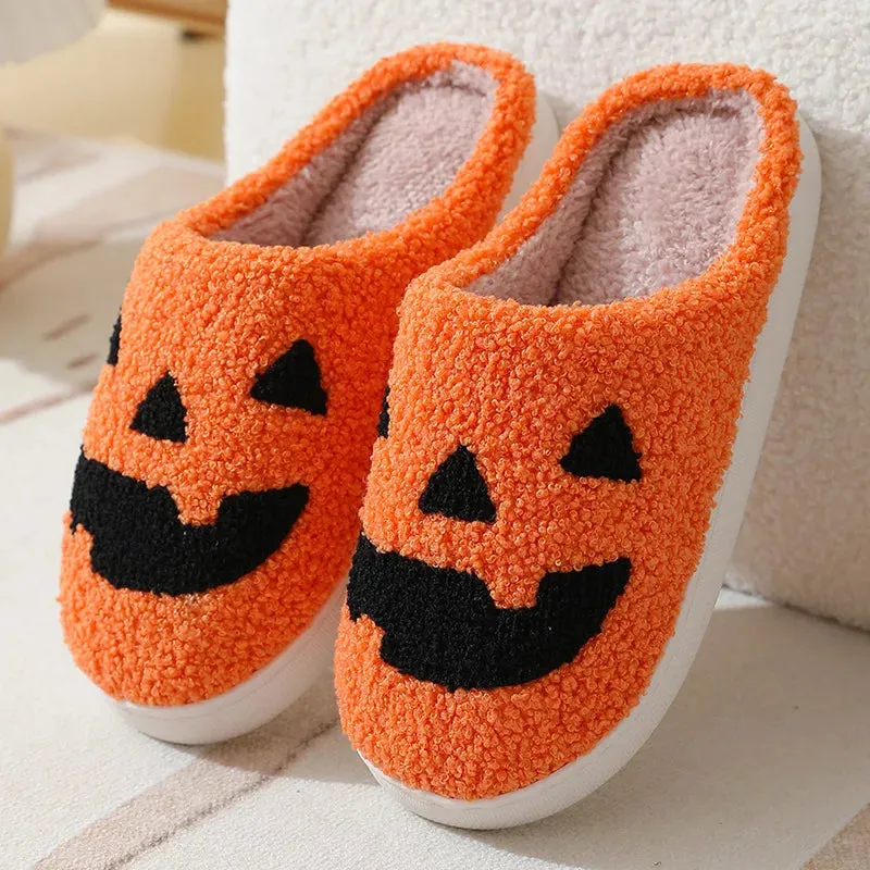 Halloween Pattern Fuzzy Slippers, Cozy Closed Toe Soft Sole Flat Shoes, Winter Warm Plush Home Slippers