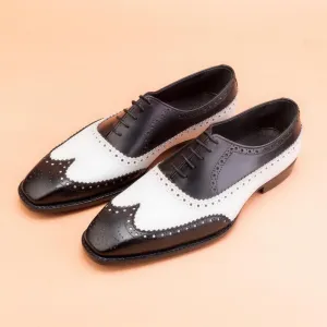 Handmade Black and White Leather Brogue Shoes for Men