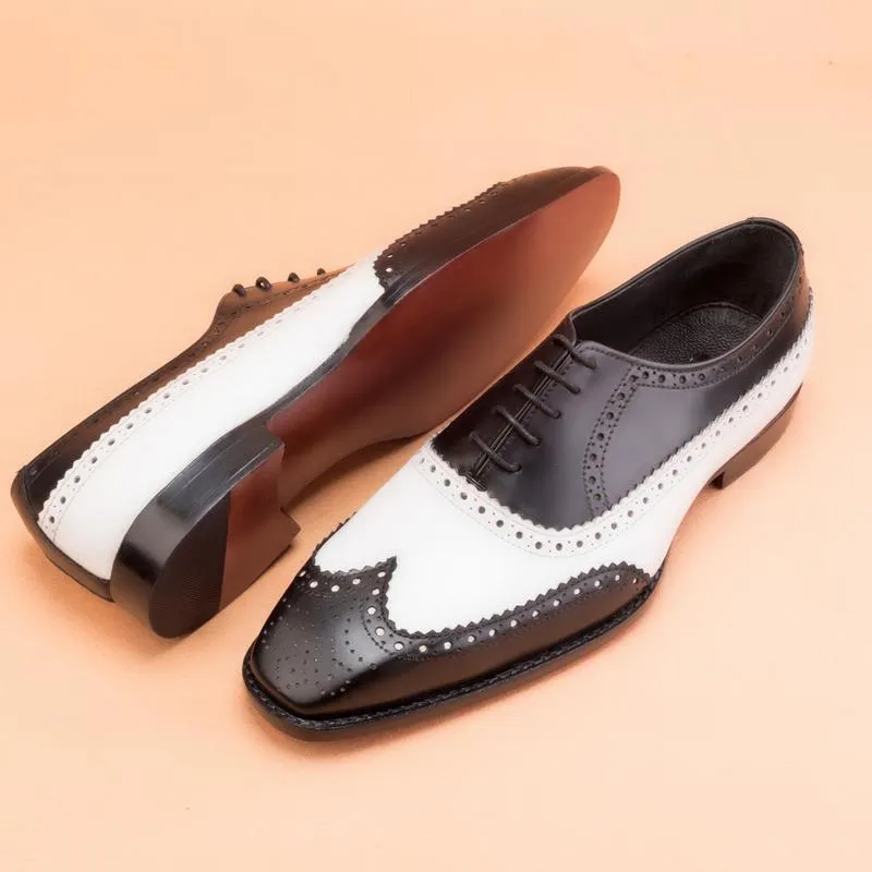 Handmade Black and White Leather Brogue Shoes for Men