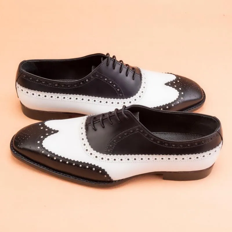 Handmade Black and White Leather Brogue Shoes for Men