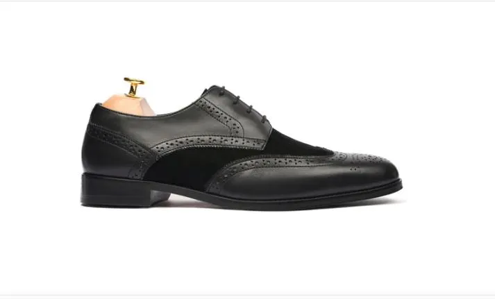Handmade Black Leather and Suede Derby Brogue Shoes