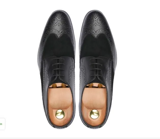 Handmade Black Leather and Suede Derby Brogue Shoes