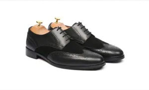 Handmade Black Leather and Suede Derby Brogue Shoes