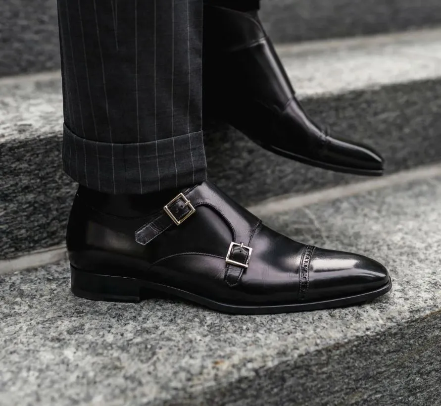 Handmade Black Leather Monk Shoes for Men