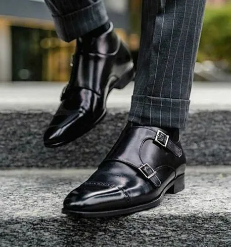 Handmade Black Leather Monk Shoes for Men
