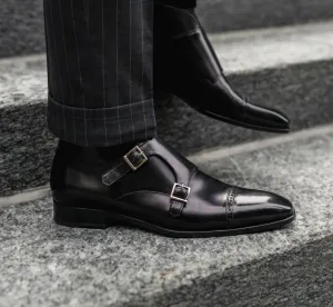 Handmade Black Leather Monk Shoes for Men