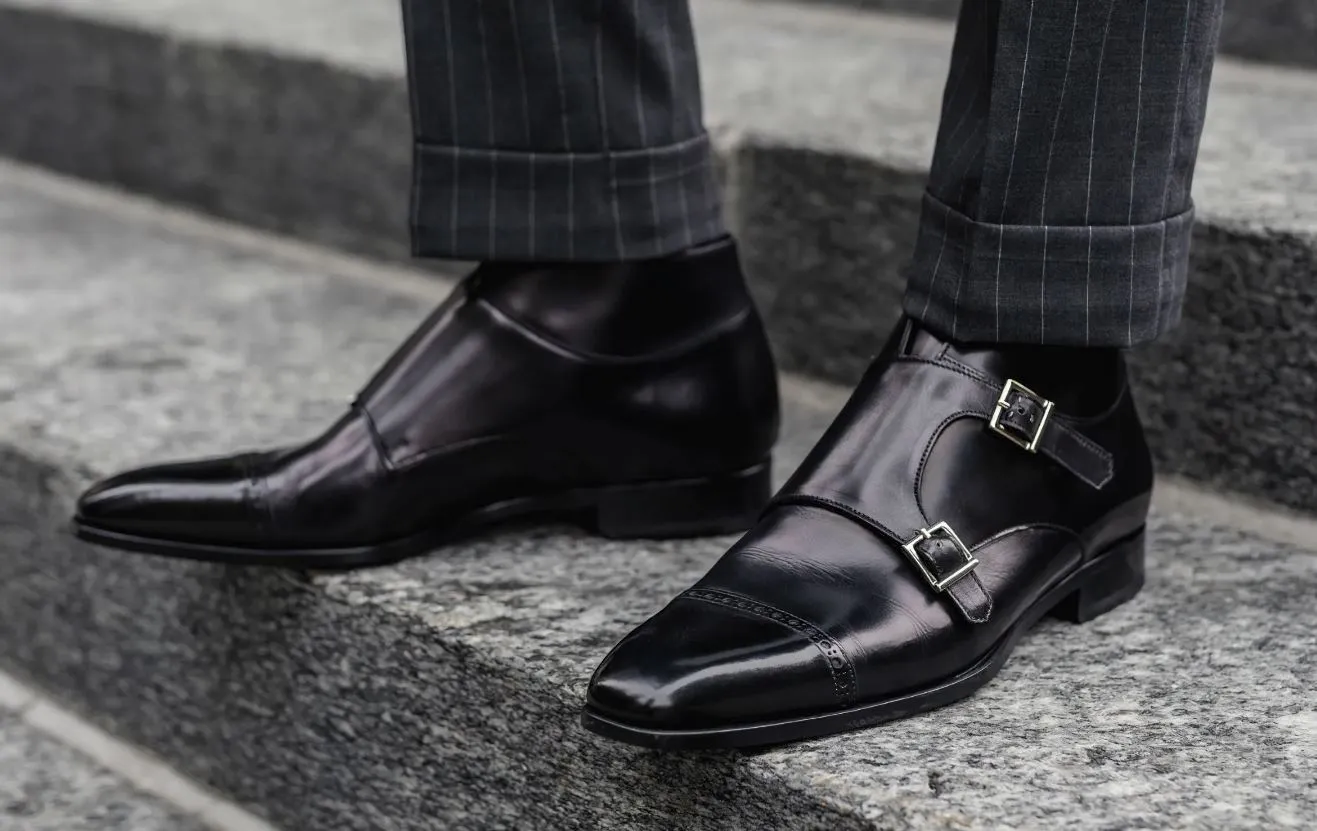 Handmade Black Leather Monk Shoes for Men