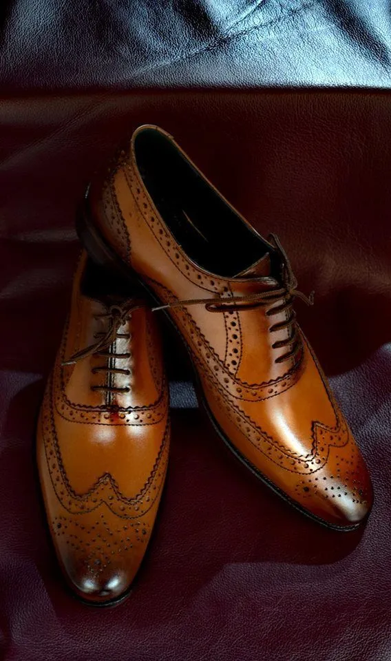 Handmade Tan Wing Tip Brogue Shoes for Men