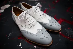 Handmade Two Tone Brogue Shoes for Men - Gray and White Formal Footwear