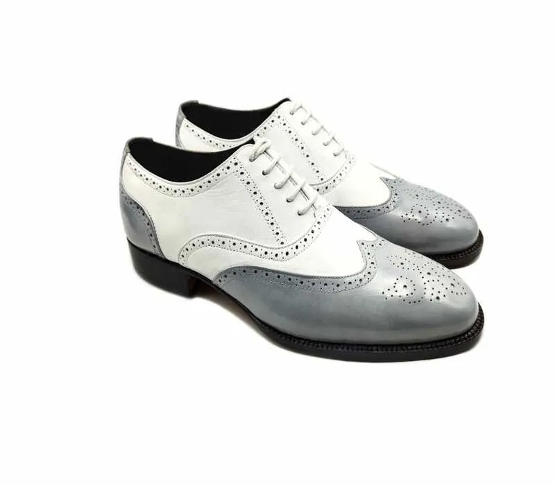 Handmade Two Tone Brogue Shoes for Men - Gray and White Formal Footwear