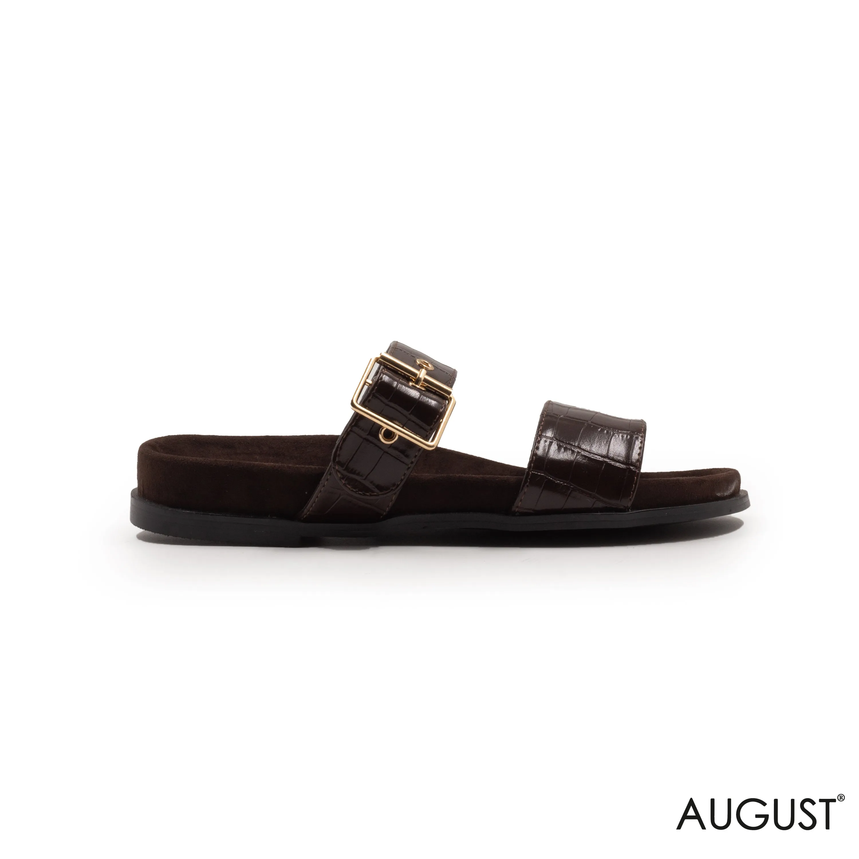 LEATHER CROC DARK BROWN FLAT SLIPPER WITH GOLD BUCKLE