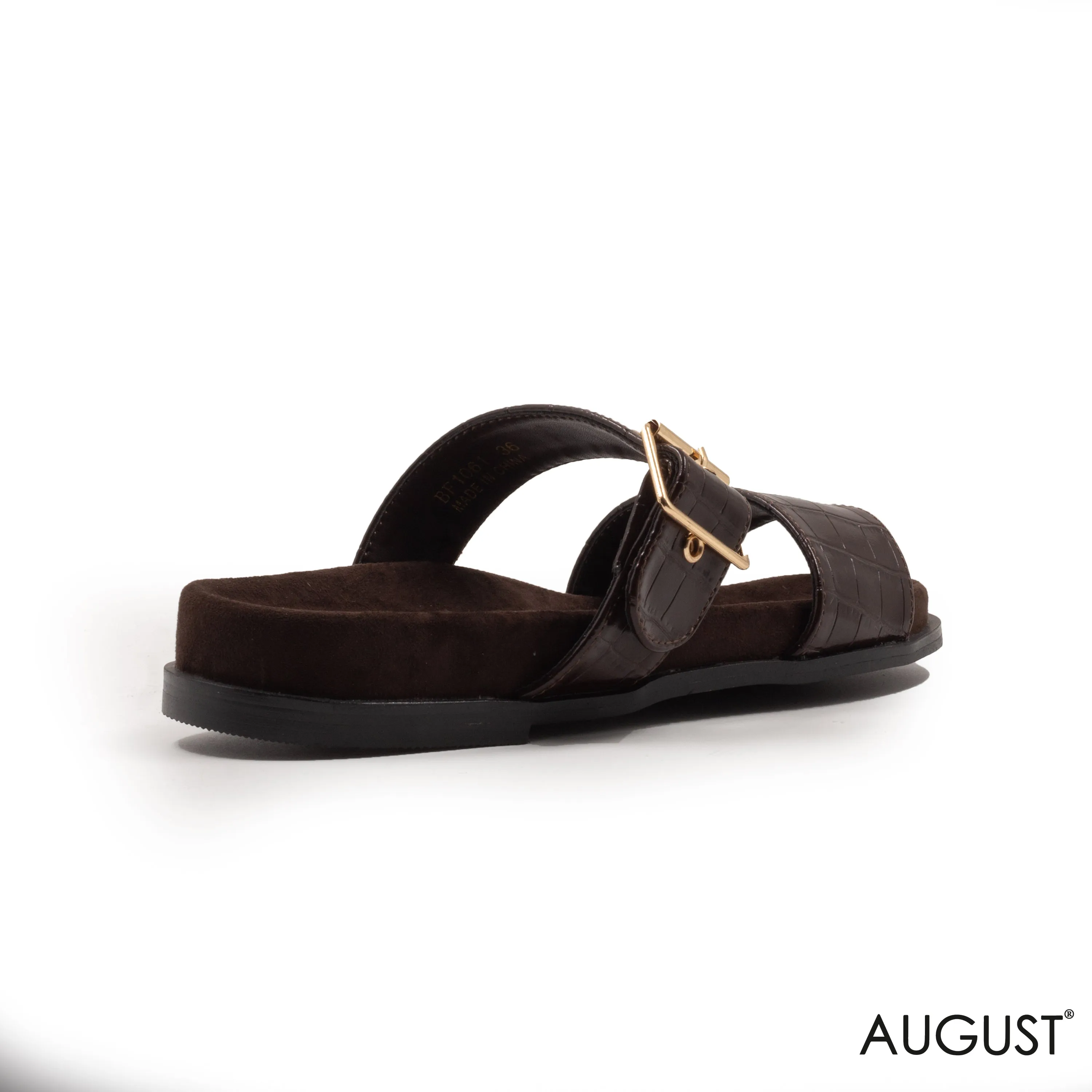 LEATHER CROC DARK BROWN FLAT SLIPPER WITH GOLD BUCKLE