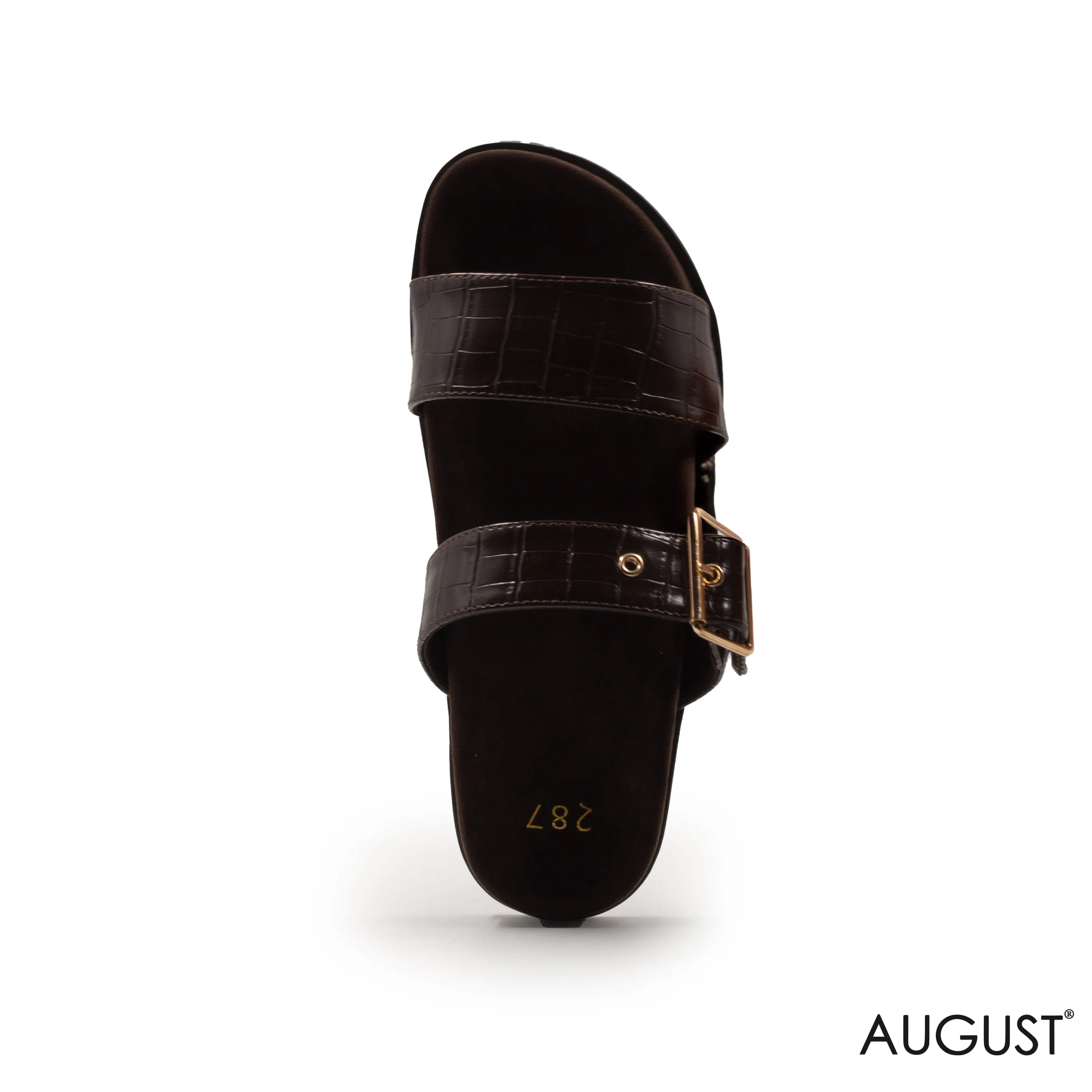 LEATHER CROC DARK BROWN FLAT SLIPPER WITH GOLD BUCKLE