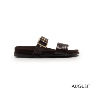 LEATHER CROC DARK BROWN FLAT SLIPPER WITH GOLD BUCKLE